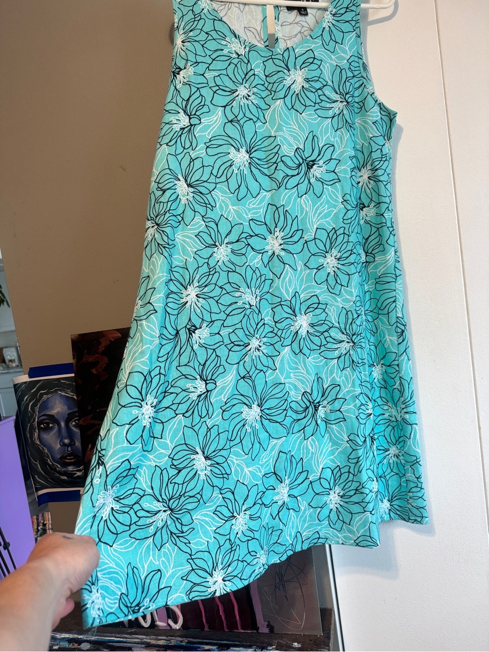 Minimalist Teal Floral Linen Blend A-Line Dress - Small/medium - Picture 4 of 11